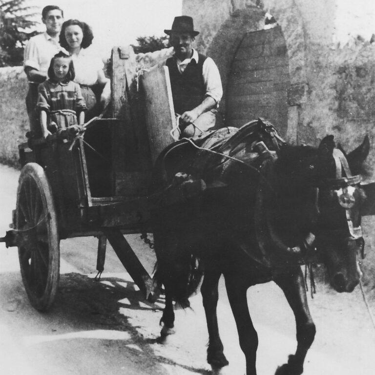 Fotografia d'epoca della famiglia Milani su un carro trainato da un cavallo